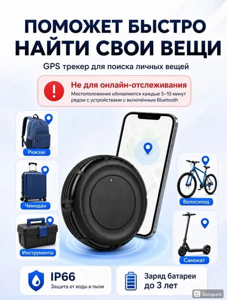 GPS трекер для поиска вещей Bluetooth, IP66, до 3 лет работы