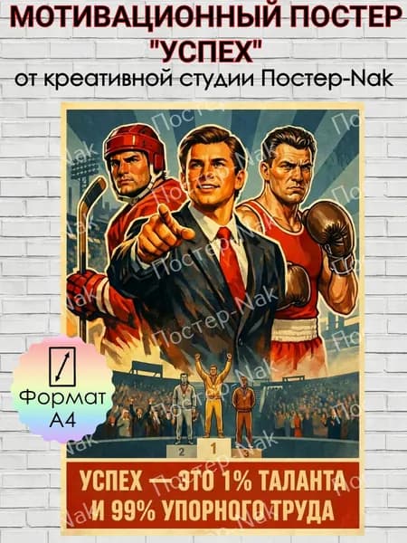 Мотивационный постер "УСПЕХ" на плотной премиальной глянцевой бумаге. Формат А4