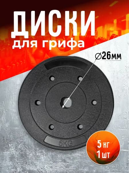 Диск (блин) для гантелей и штанги 5 кг 1 штука