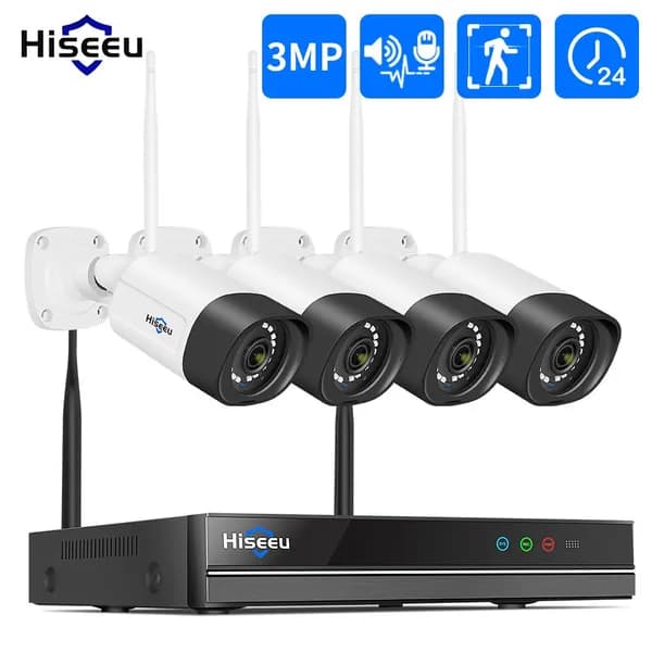 Hiseeu Wi-Fi Комплект камеры видеонаблюдения,10CH NVR Набор,3MP 4 IP камеры, Без жесткого диска,Цветная ночного видения,Двусторонняя аудиосвязь,P2P