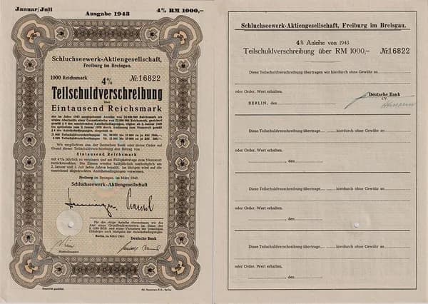 Германия, АО Schluchseewerk (оператор 5 ГЭС), Фрайбург-им-Брайсгау, 4% -ное частичное обязательство 1943 год, 1000 рейхсмарок