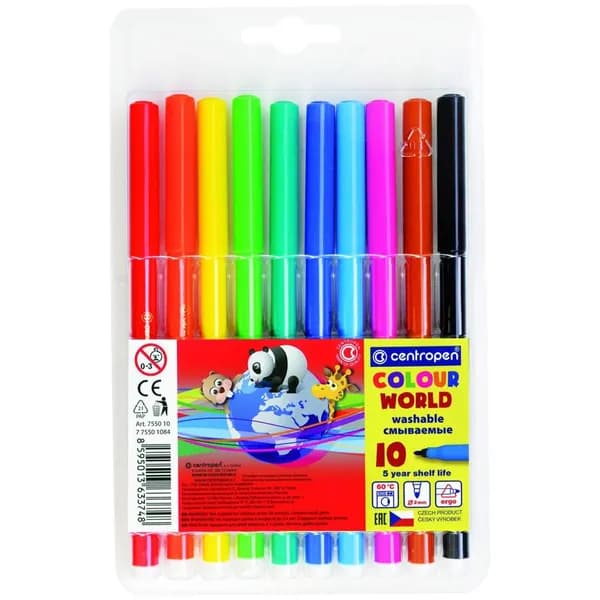 Фломастеры набор, 10цв., трехгранные, смываемые, блистер Centropen "Colour World" (7 7550 1084/7 7550 1001)