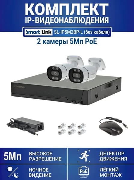 Готовый комплект 5Мп IP-видеонаблюдения PoE, уличный, на 2 камеры, с записью на жёсткий диск, с удалённым просмотром, для дома, дачи, бизнеса. Smart Link SL-IP5M2BP-L