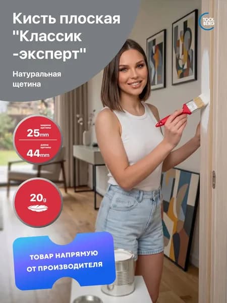 Кисть плоская малярная Toolberg "Классик-Эксперт", натуральная щетина, пластмассовая рукоятка (25 мм.)