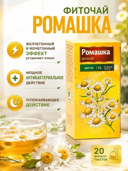 Ромашка аптечная в пакетиках для заваривания, фиточай Vitamuno, 20 фильтр-пакетов по 1,5 г