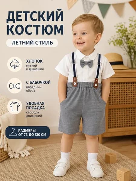 Детский летний костюм с рубашкой и шортами на лямках белый【в…