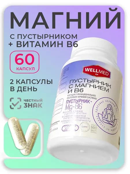 WELLMED CH Пустырник с магнием B6 60 капсул, бад для нервной системы для взрослых, от стресса