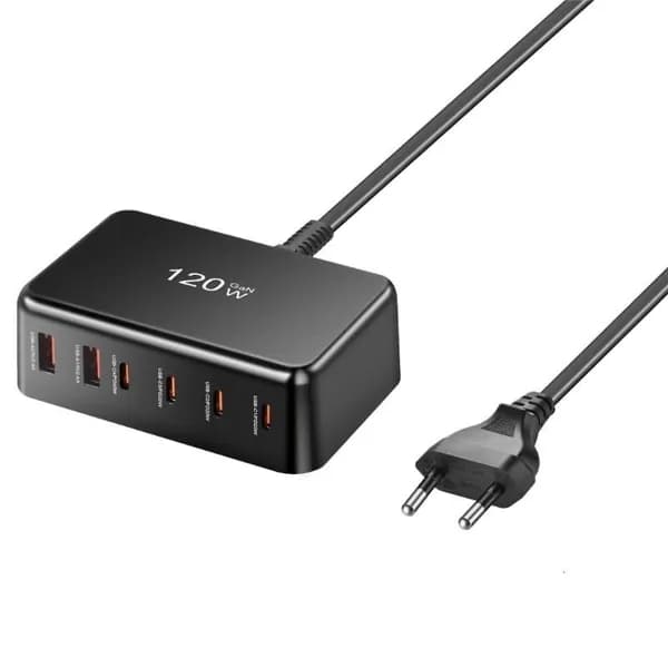 Многопортовое USB C Настольное зарядное устройство USB Зарядный хаб с 120W Компактный дизайн, Черный - EU