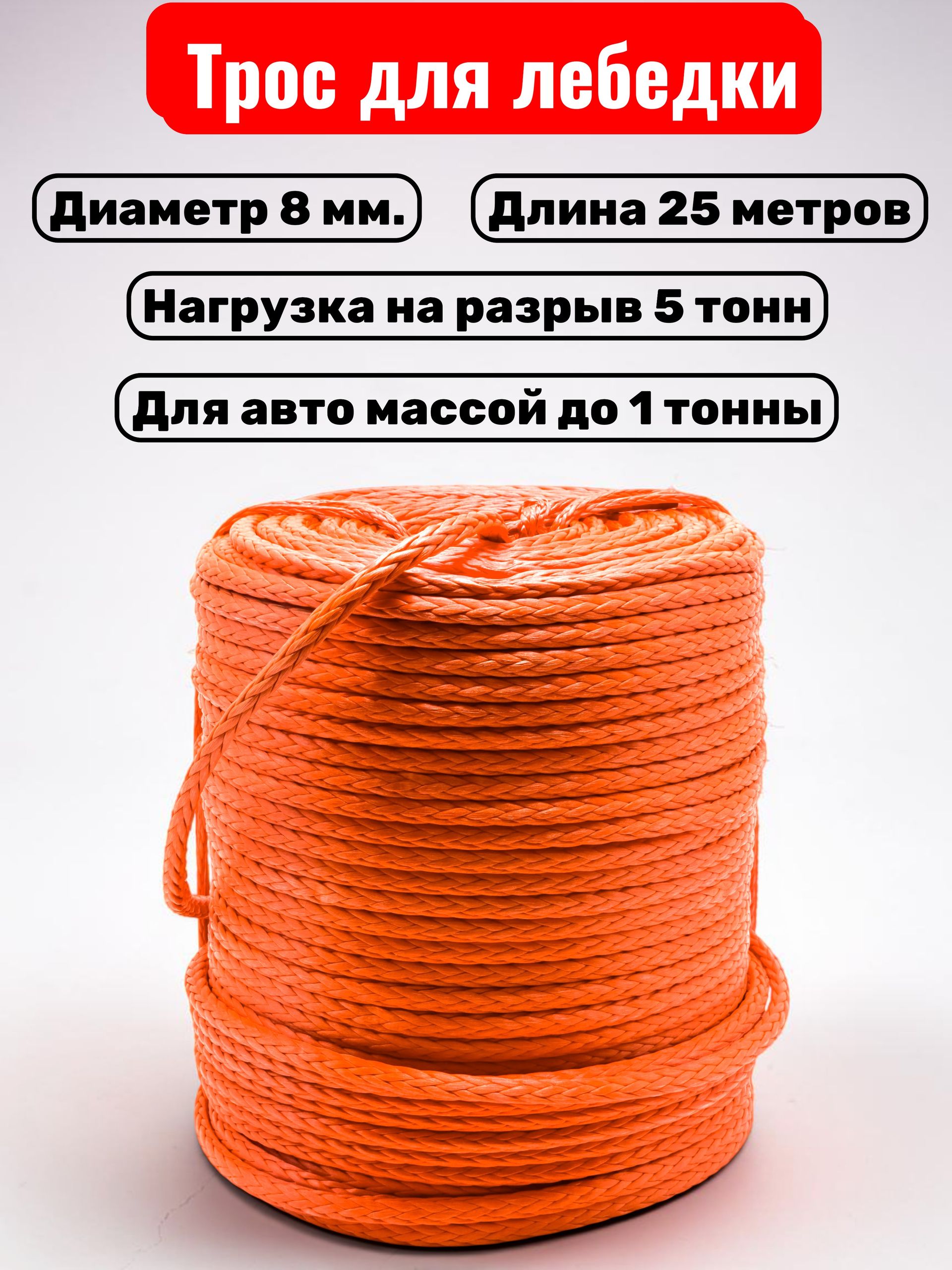 Синтетический трос для лебедки 8 мм на отрез 5 тонн 25 метров / Кевларовый трос