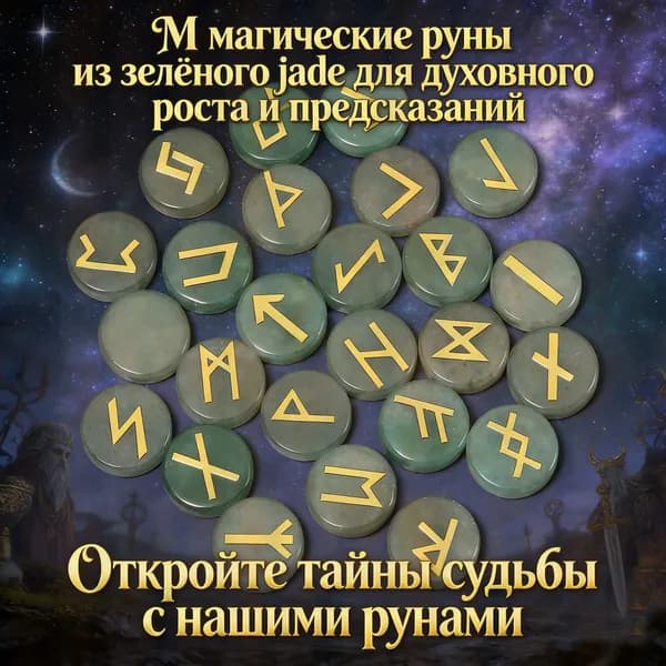 Набор из 25 скандинавских рун, выполненных из натурального зеленого камня Танглин.