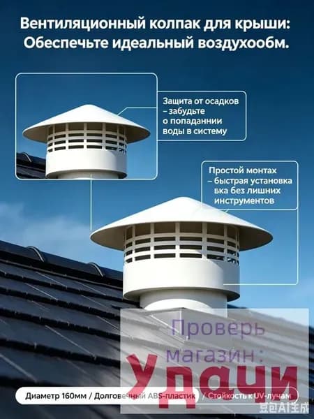 Колпак для вентиляции 160мм, грибок вентиляционный/дефлектор для крыши, защитный зонт для трубы дымохода/воздуховода