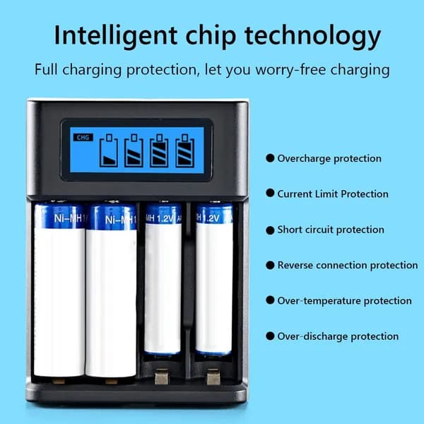 Умное USB-зарядное устройство с ЖК-дисплеем для 4 аккумуляторов AA/AAA, 1.2 В, Ni-MH/Ni-Cd, трёхступенчатая зарядка