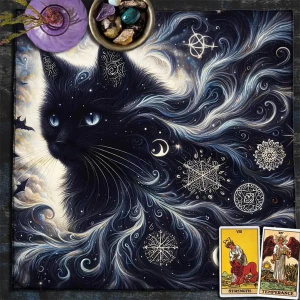 Алтарная скатерть для гадания на Таро с мистической черной кошкой 49x49cm