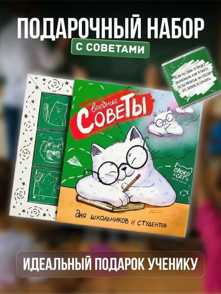 Подарочный набор школьнику, шоколад подарочный студенту, открытка "Вредные советы"