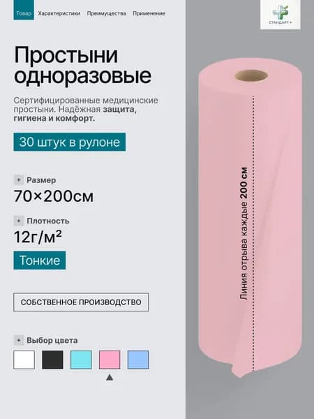 Простыни одноразовые в рулоне 70х200 см 30 шт