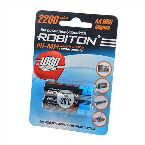 Аккумуляторы пальчиковые/АА 2200мАч 1,2В, Ni-MH, 2 шт. (1 уп.) - 2200MHAA-2 (Robiton)