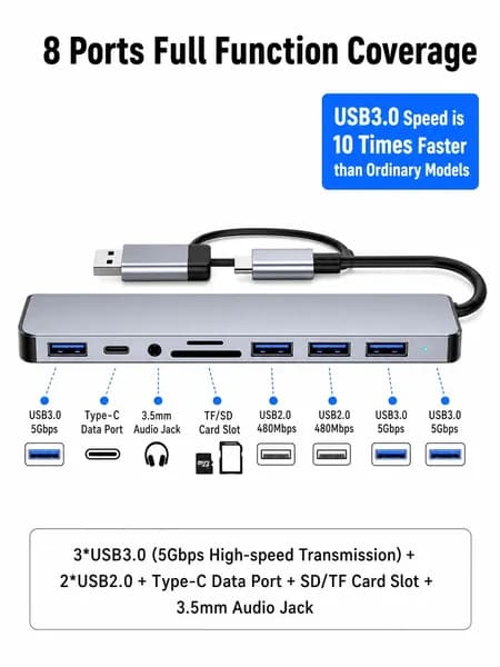 Универсальный хаб USB Type-C 8 в 1, разветвитель с портами USB 3.0, USB 2.0, слот SD/TF, аудио 3.5 мм, порт Type-C, адаптер для ноутбука, MacBook, ПК