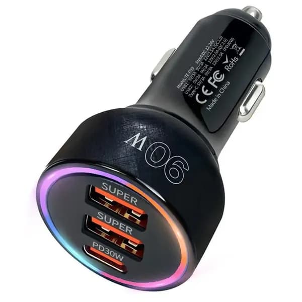 Автомобильное зарядное устройство 90W быстрое с подсветкой, АЗУ в прикуриватель 3 в 1 с кабелем QC+PD 30W
