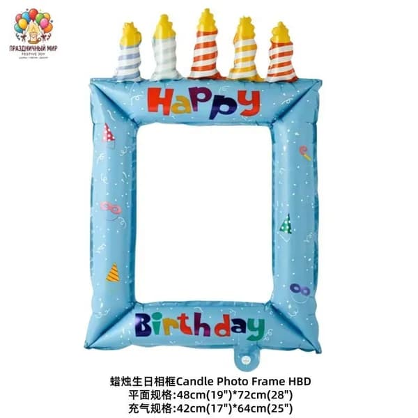 Синяя рамка-шар с надписью Happy Birthday и свечами