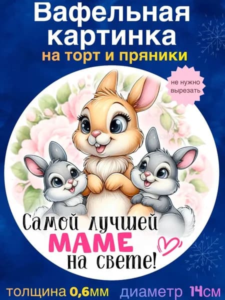 Вафельная картинка "Любимой Мамочке, С Днём Матери". Сладкая картинка, съедобная печать для декора торта, бенто-торта, украшения пряников и капкейков.