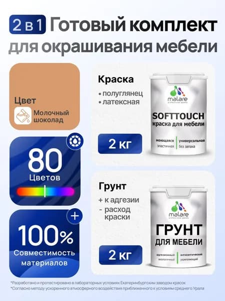 Комплект Malare SoftTouch для окрашивания мебели (2кг грунт + 2кг краска), акриловый, без запаха, быстросохнущий, полуглянцевый, цвет молочный шоколад