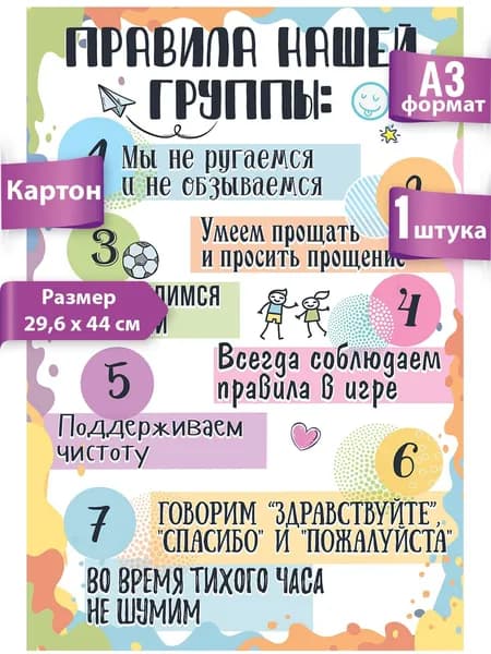 Плакат на стену, Правила группы, баннер, школьный уголок, А3