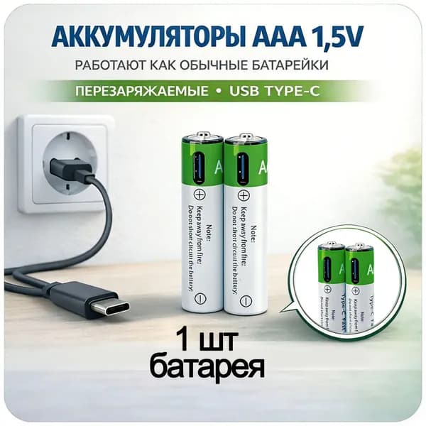Аккумуляторы AAA 1,5V перезаряжаемые Li-ion, 1 шт, USB Type-C, мизинчиковые батарейки, для пульта, игрушек, мышки