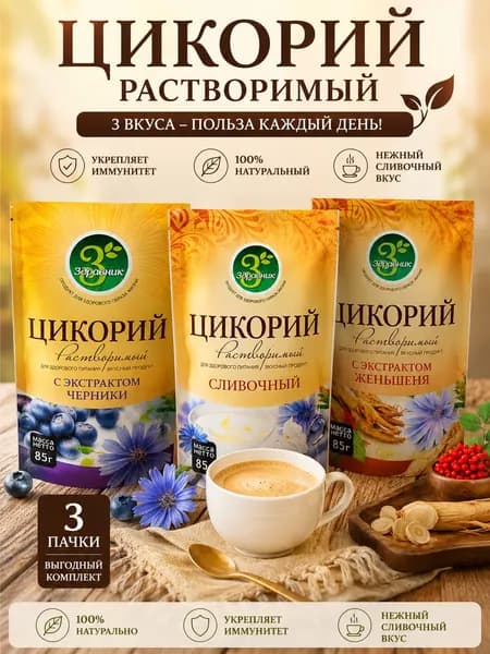 ЗДРАВНИК НАБОР из 3-ёх видов растворимого Цикория, с экстрактом Женьшеня, Черники, а так же Сливочный, дарит легкость и комфорт, 85 г.