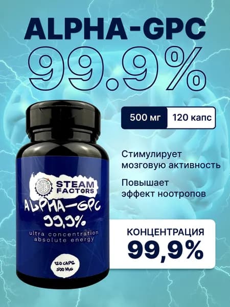 Alpha GPC 99.9 500мг, Альфа ГФХ, холин для мозга, 120 капсул