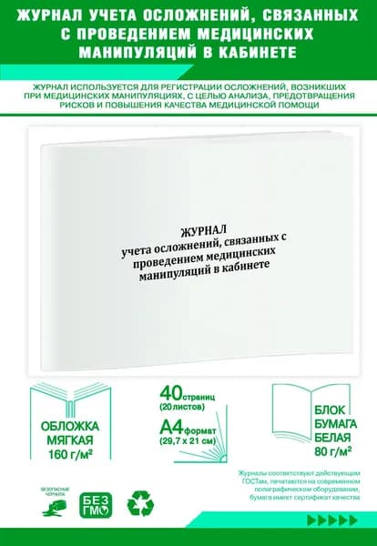 Журнал учета осложнений, связанных с проведением медицинских манипуляций в кабинете. 40 страниц