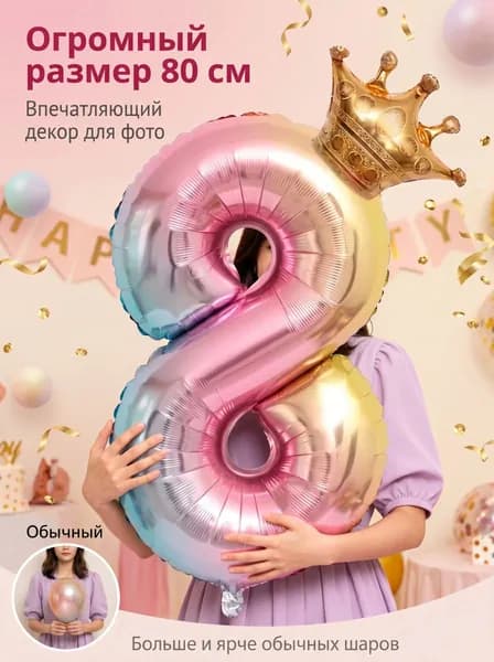 Фольгированный шар-цифра с короной, градиентный цвет, 32 дюйма, для дня рождения