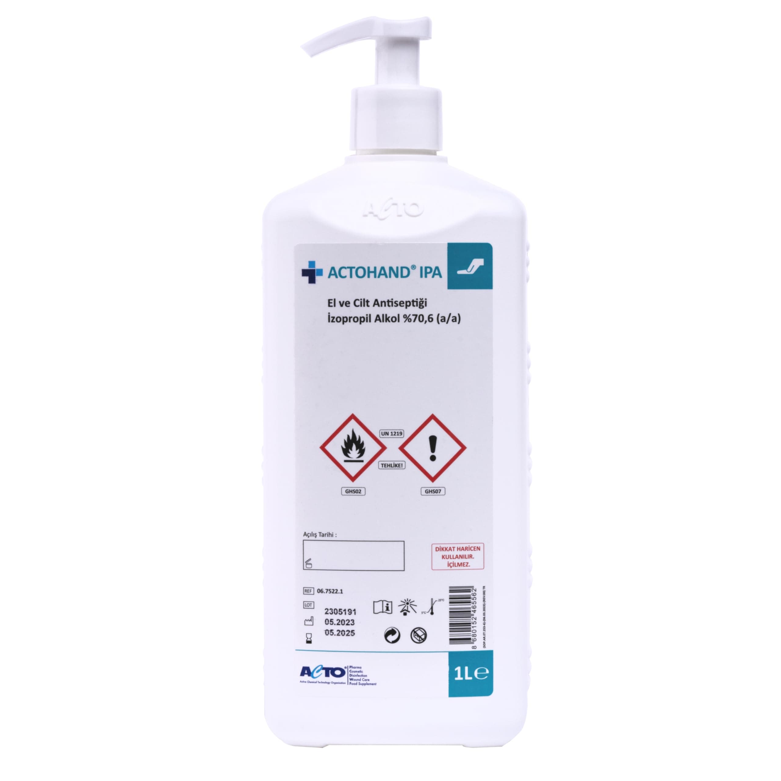 ACTOHAND IPA 1L Антисептик для рук и кожи Быстродействующее дезинфицирующее средство с 75% изопропиловым спиртом Эффективная защита от вредных микроорганизмов Безопасная для кожи, быстросохнущая