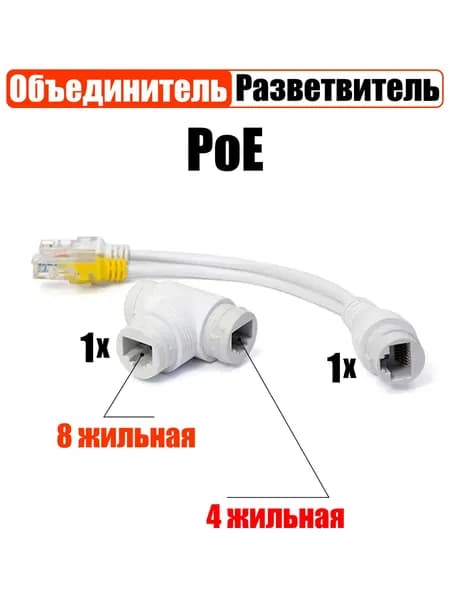 PoE Объединитель, разветвитель. предназначено для объединения двух кабелей витой пары на 4 жилы в 1 кабель витой пары на 8 жил на одном конце и разделения на другом