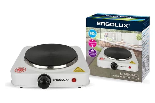 Электроплитка ERGOLUX ELX-EP03-C01 1 конф., дисковый нагр.эл. белая 1000Вт, 220-240В