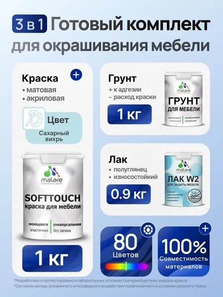 Комплект Malare SoftTouch для окрашивания мебели (1кг грунт + 1 кг краска + 0.9кг лак), акриловый, без запаха, быстросохнущий, полуглянцевый, цвет сахарный вихрь