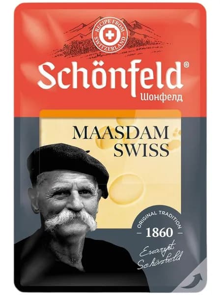 Schonfeld Сыр Швейцарский Маасдам полутвердый Нарезка 48%, 125г