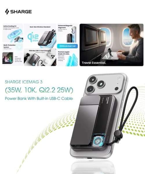 Портативное зарядное устройство Sharge ICEMAG для Nintendo Switch 2: магнитный повербанк (Qi2.2, 25 Вт, 10 000 мАч) с прозрачным корпусом и RGB-подсветкой.