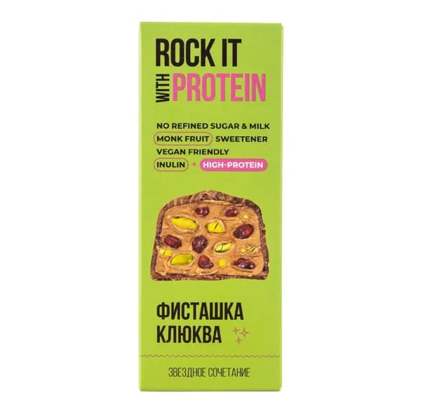 Батончик протеиновый в шоколаде с фисташками и клюквой, Rock it with, 40 г, Россия