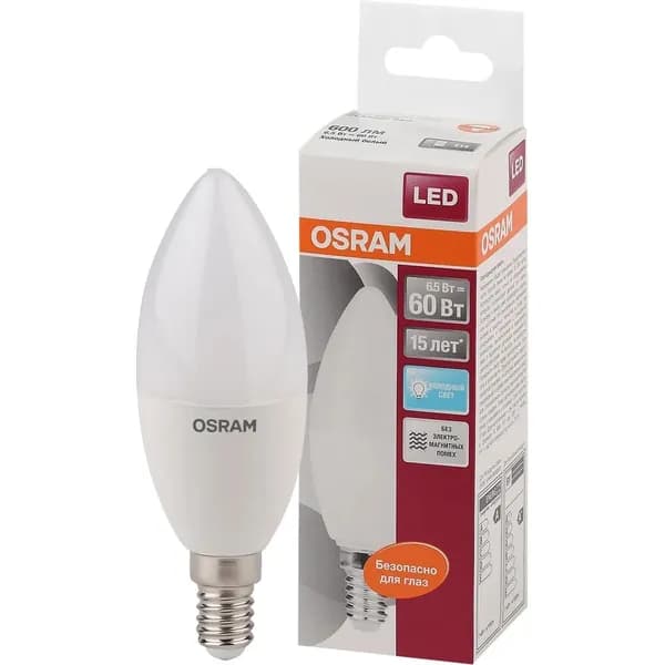 Светодиодная лампа OSRAM LED STAR, B, свеча, 6.5Вт, E14, 550Лм, 4000К, нейтральный белый свет 4058075134140