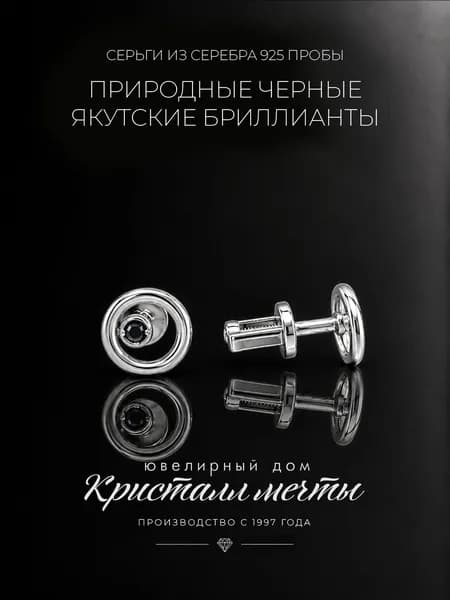 Серьги-пусеты с бриллиантом природным якутским черным, серебро 925 пробы