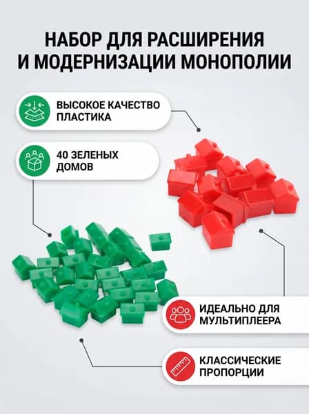 Дополнительный набор домиков и отелей для игры Монополия, 10 красных + 30 зелёных, из пластика