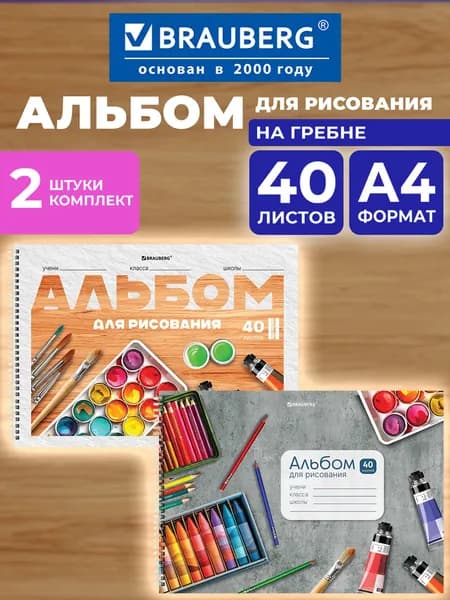 Альбом для рисования в школу А4 40 листов на спирали, набор 2 штуки, обложка картон, Brauberg Классика