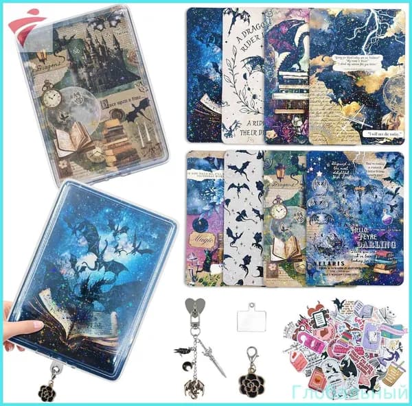 6 шт. вкладышей из картона для прозрачного чехла электронной книги, с 50 наклейками скрапбукинга и 2 цепочками-подвесками, задняя крышка совместима с электронными книгами размером 6,8" и 7", п