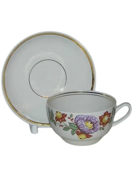 Винтаж СССР. Винтажная Чашка с Блюдцем. 1970-1980. RPR (Рижская фарфоро-фаянсовая фабрика). Коллекционная ЧАЙНАЯ пара / Кофейная пара - ЦВЕТЫ. Золочение.