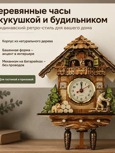 Деревянные настенные часы с кукушкой и будильником в скандинавском стиле ретро, на батарейках