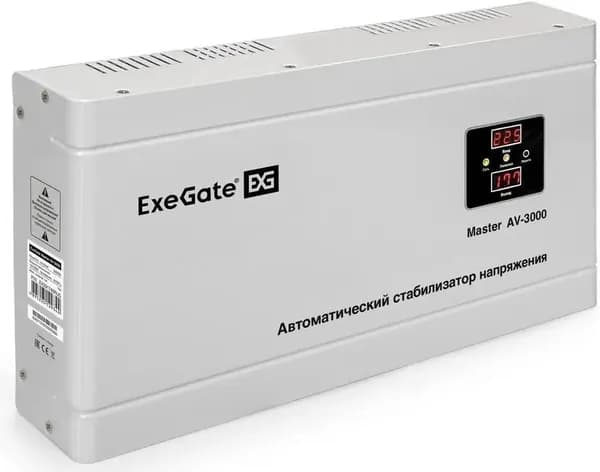 Стабилизатор напряжения ExeGate Master AV-3000 (3000ВА, 140-260В, цифр. индикация вход/вых. напряжения, 220В 8%, КПД 98%, 5 уровней защиты, задержка, метал.корпус, клем.колодка, RTL)
