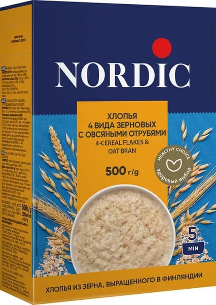 Хлопья Nordic 4 вида зерновых-овсяные отруби, 500г