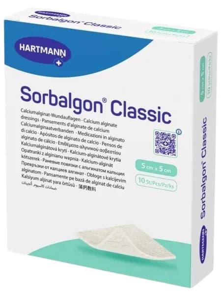 Повязка Sorbalgon Classic (Сорбалгон Классик) из волокон кальция-альгината для экссудирующих и кровоточащих ран 5х5см, 1шт ,999011