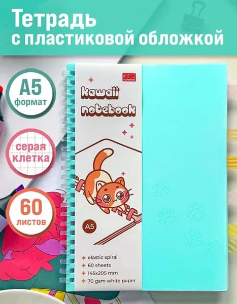 Тетрадь на пружине/на гребне, формат А5, 60 листов в клетку Kawaii