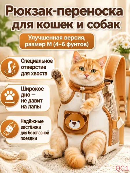 Рюкзак для переноски собак и кошек DONOYOYO, размер M (4 6 кг, длина спины 26 28 см), джинсовая ткань с жёлтой отделкой